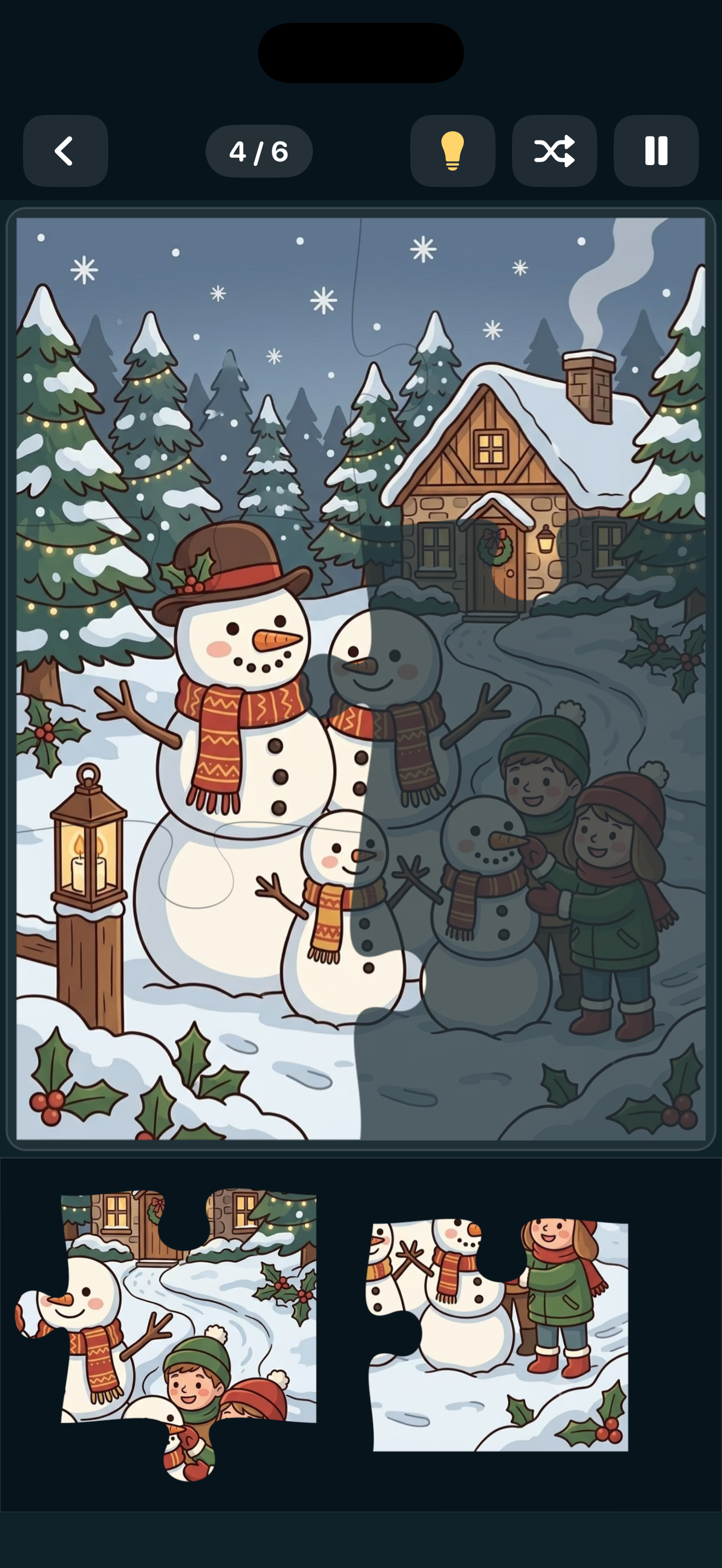 A six-piece Snowflake puzzle of a snowman family, four pieces placed, big pieces waiting in the tray below