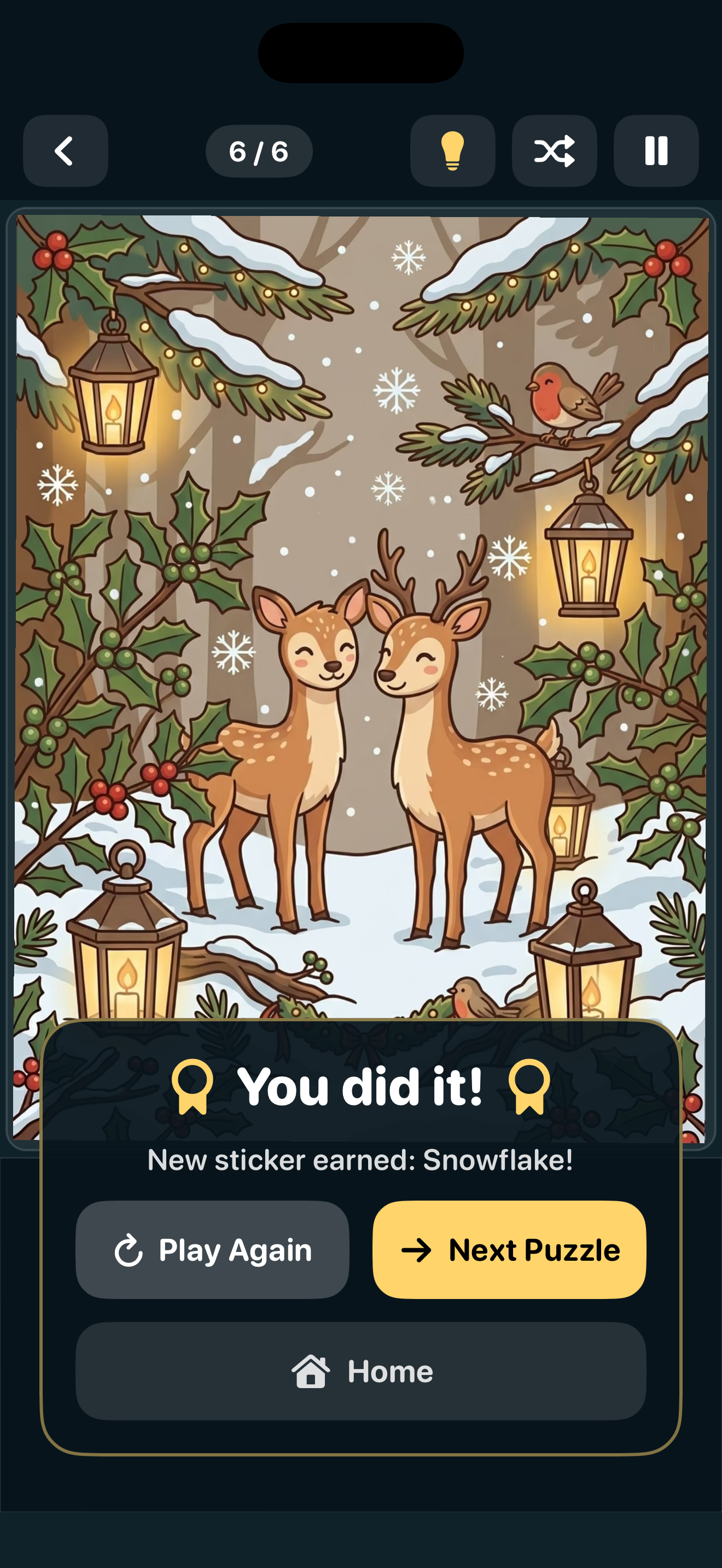 Completion screen reading 'You did it!' over two little deer in the snow, a new sticker earned, and Next Puzzle and Play Again buttons